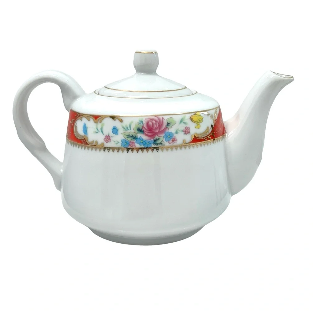 TIGER YEDI WHITE PORCELAIN RED/ORANGE FLORAL TEAPOT
